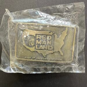 Vintage Red Man Land Brass Tone Belt Buckle Tobacco Americana USA Chew